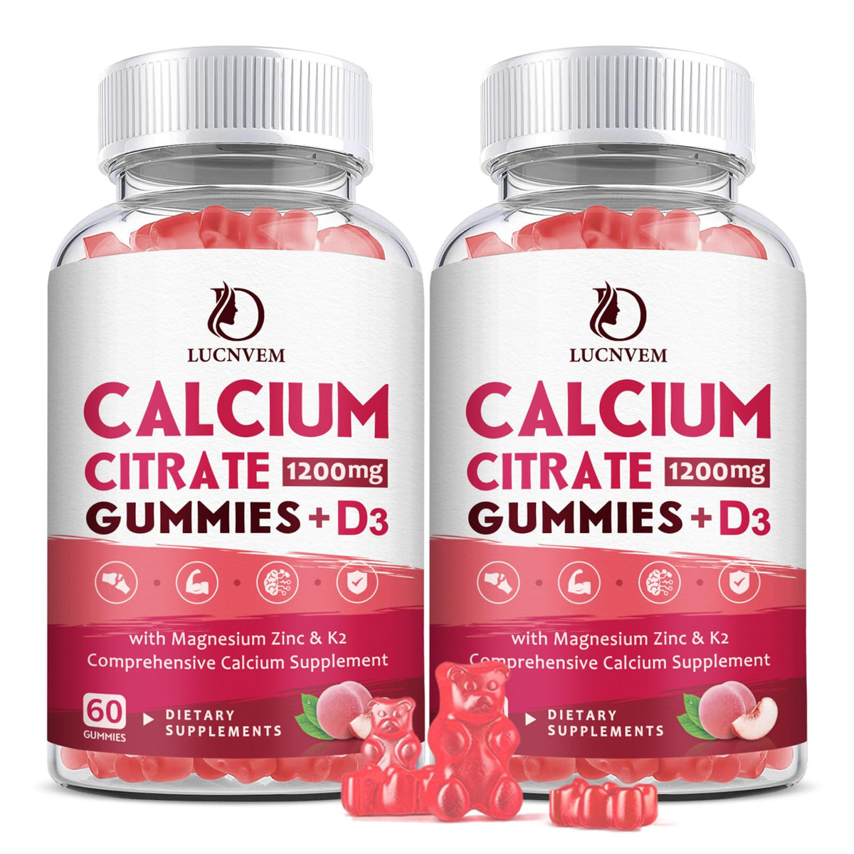 LUCNVEM calcium citrate 1200mg peach gummies bottle for daily bone support.