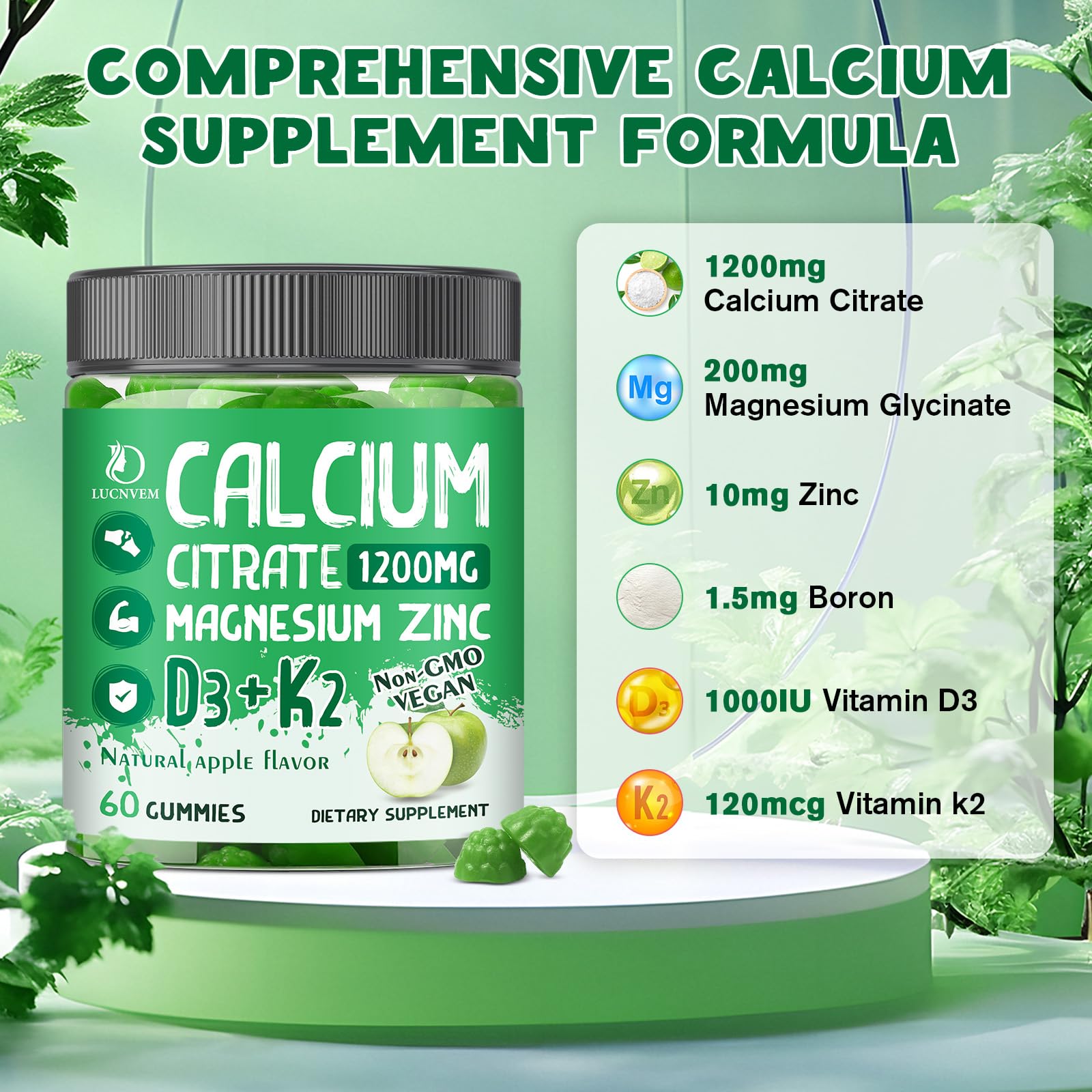 LUCNVEM apple-flavored gummies close-up highlighting tasty, easy calcium intake