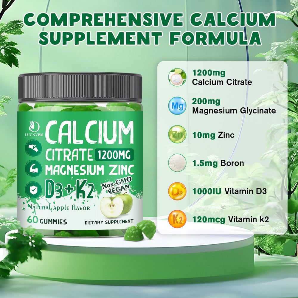 LUCNVEM apple-flavored gummies close-up highlighting tasty, easy calcium intake