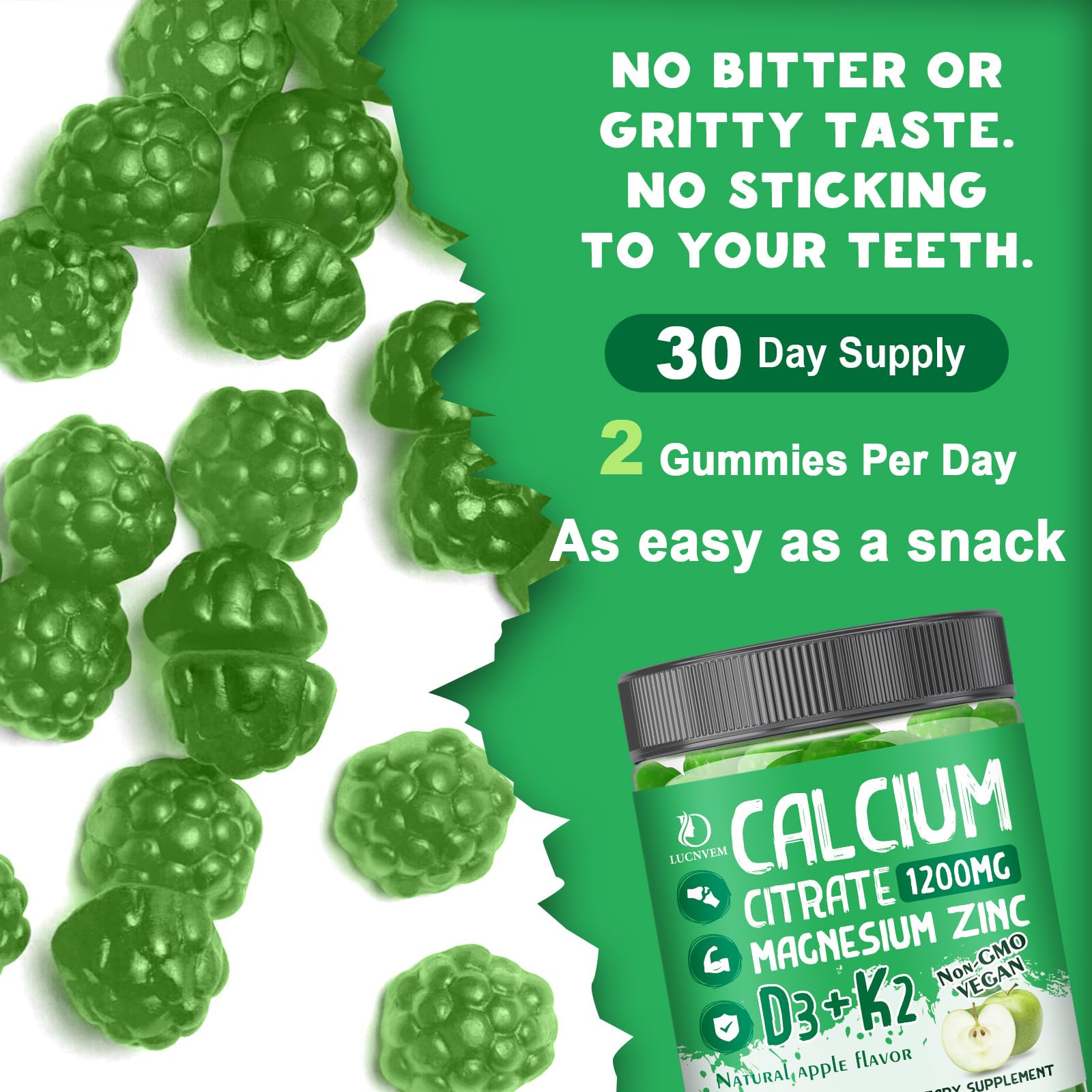 LUCNVEM calcium citrate gummies vitamin D3 label emphasizes absorption and bone-friendly nutrients