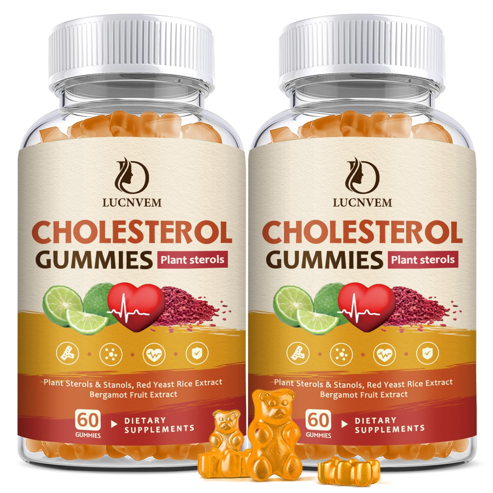 LUCNVEM cholesterol gummies 2-pack bottles laid out for daily balance routine