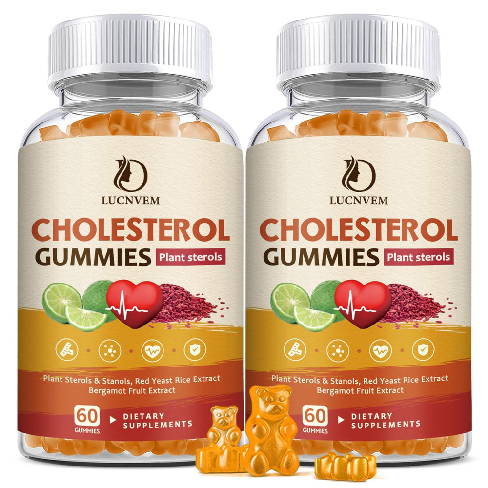 LUCNVEM cholesterol gummies 2-pack bottles laid out for daily balance routine
