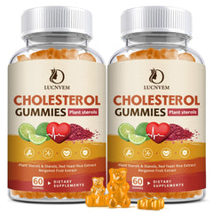 LUCNVEM cholesterol gummies 2-pack bottles laid out for daily balance routine