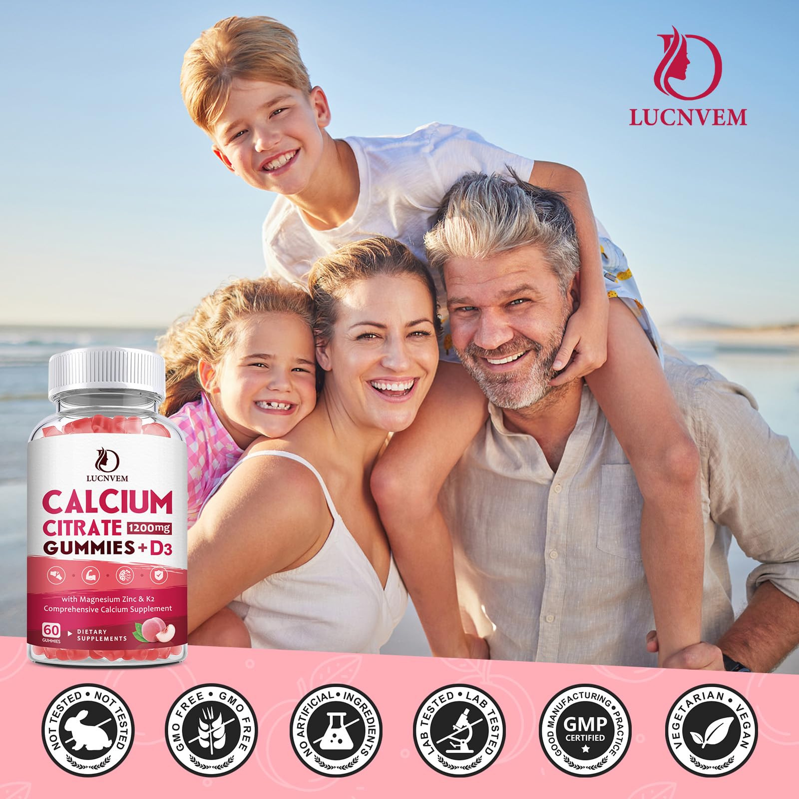 Peach-flavored gummies by LUCNVEM with a non-sticky chew texture.