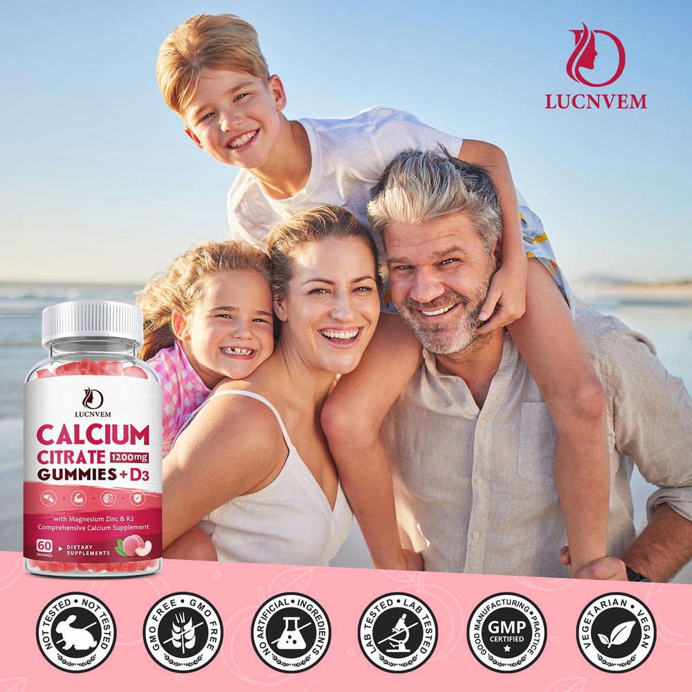 Peach-flavored gummies by LUCNVEM with a non-sticky chew texture.