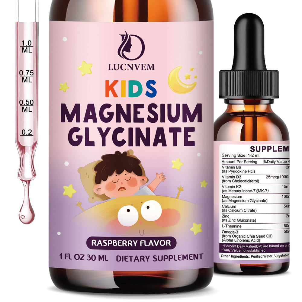 LUCNVEM Kids Magnesium Glycinate Sleep Drops bottle close-up for gentle bedtime support.