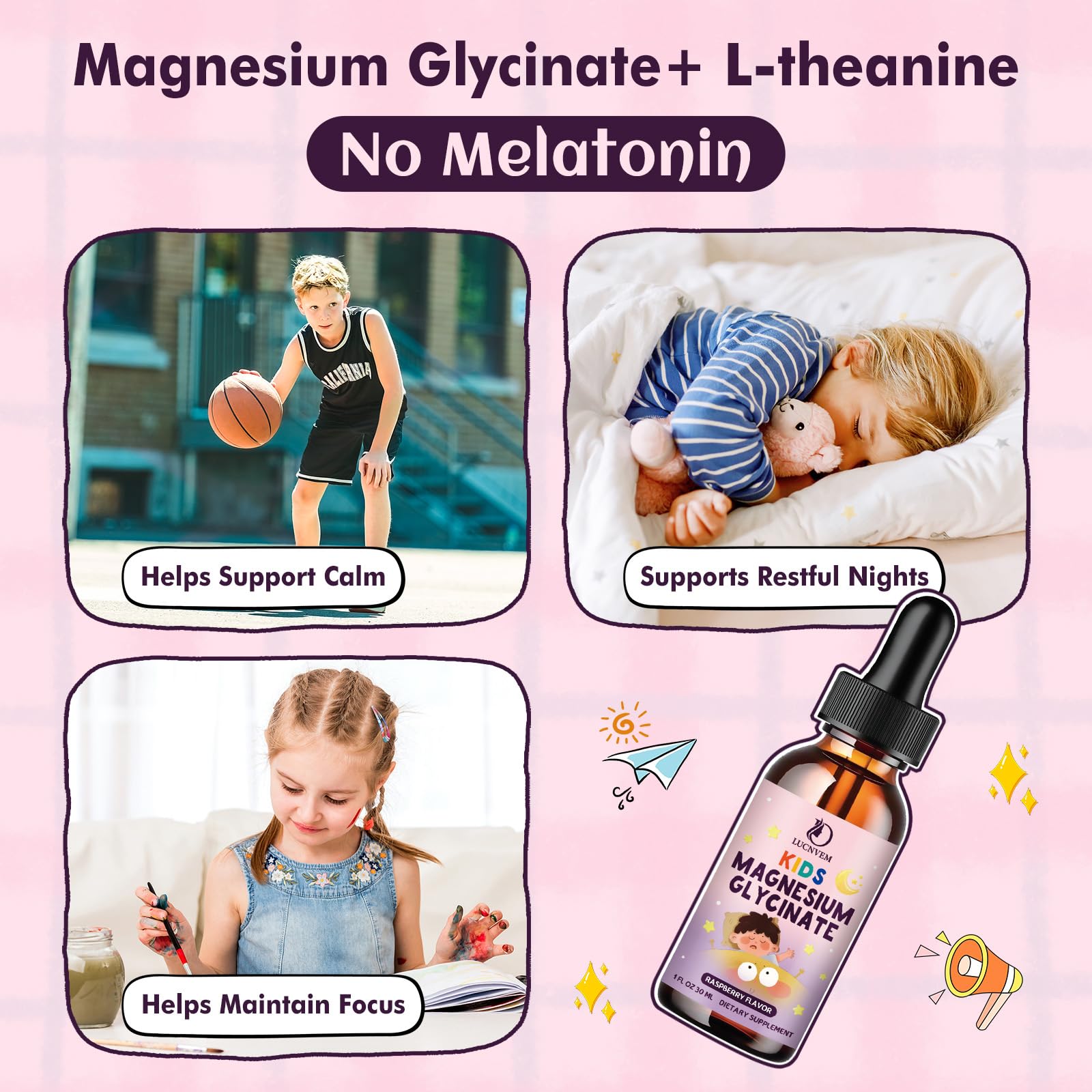 LUCNVEM Raspberry flavor sleep drops highlight kid-friendly taste without sugar.