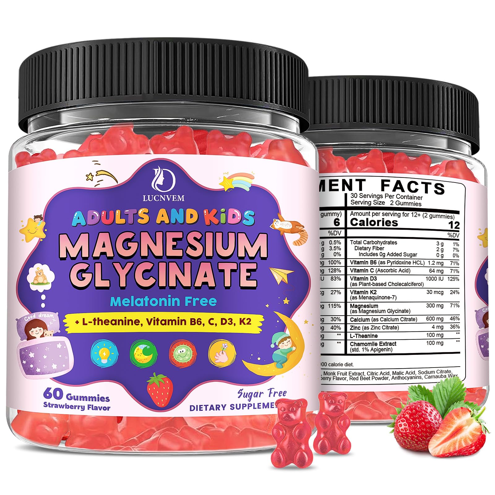 LUCNVEM Magnesium Glycinate Gummies bottle with strawberry flavor for family daily wellness.