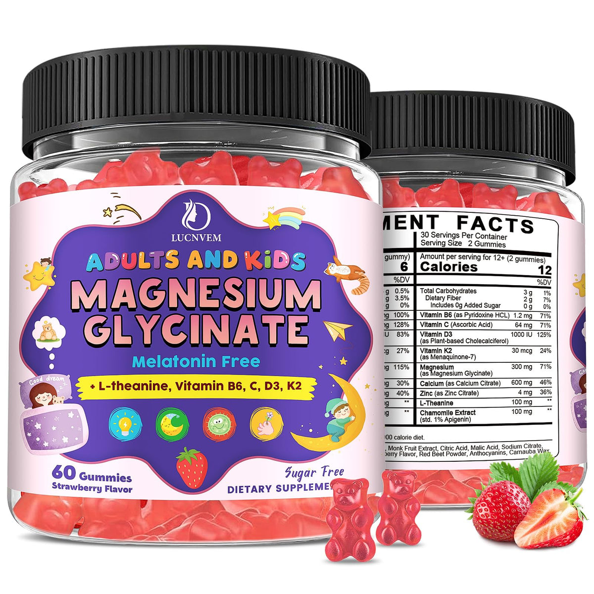 LUCNVEM Magnesium Glycinate Gummies bottle with strawberry flavor for family daily wellness.
