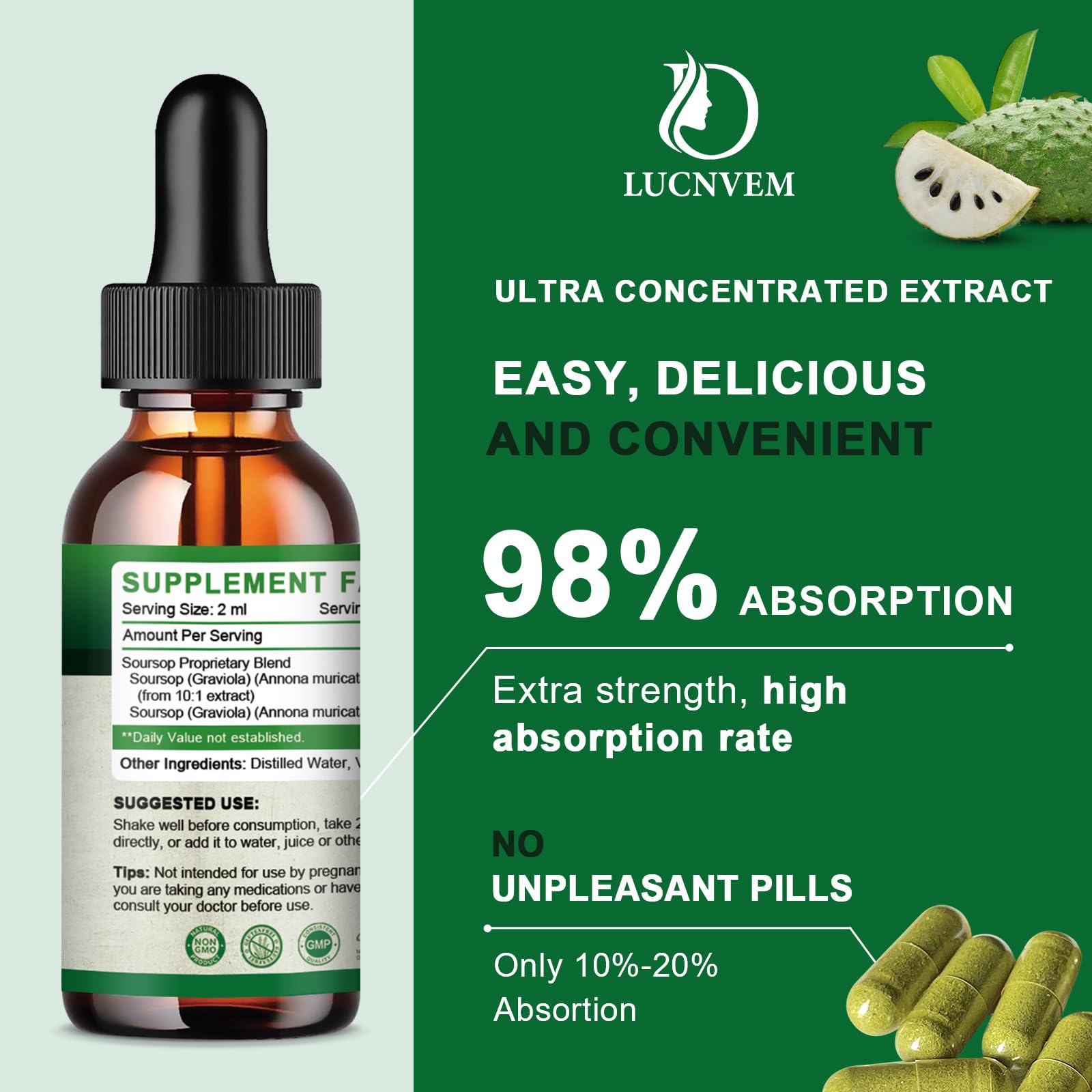 LUCNVEM Soursop Drops label highlights organic ingredients and quality.