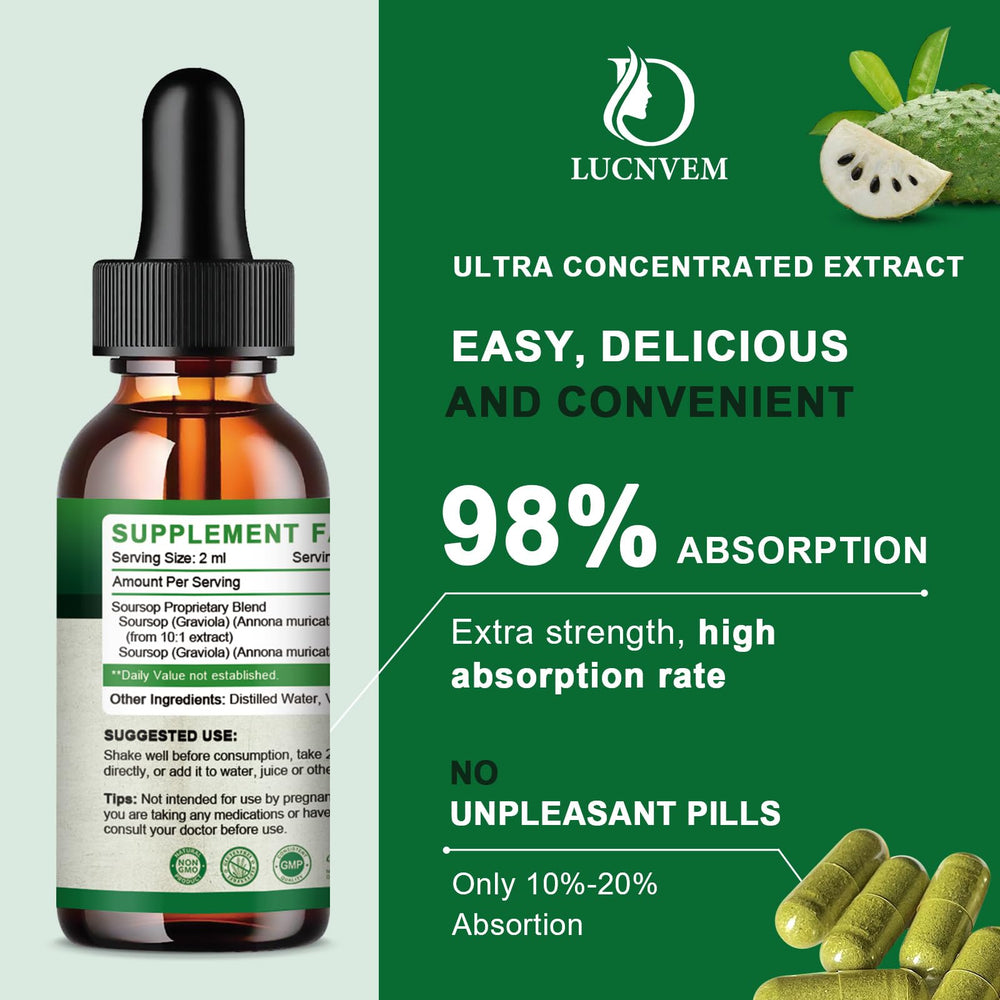 LUCNVEM Soursop Drops label highlights organic ingredients and quality.