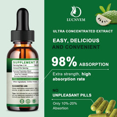 LUCNVEM Soursop Drops label highlights organic ingredients and quality.