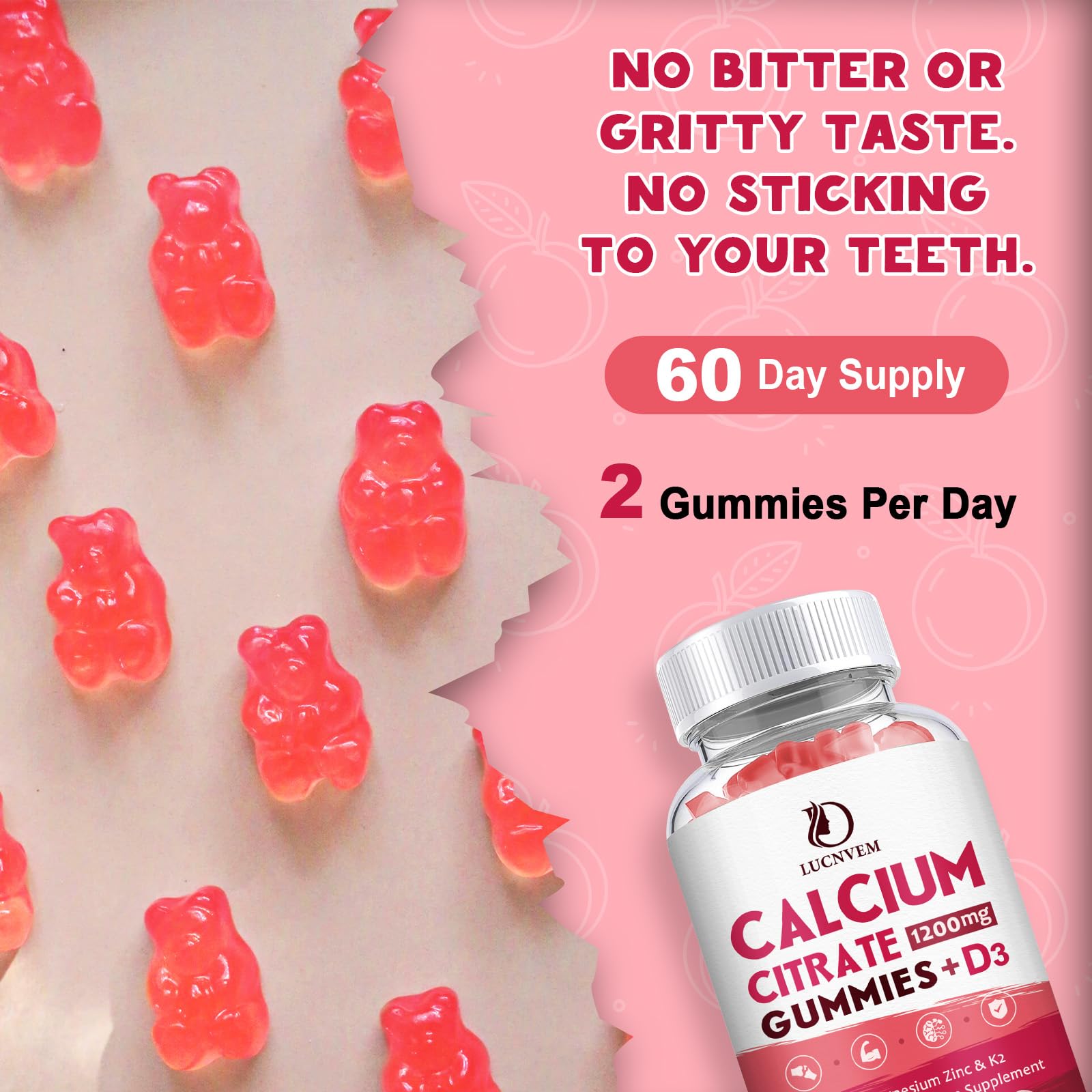 LUCNVEM ingredients list featuring vitamin D3 and K2 for calcium use guidance.