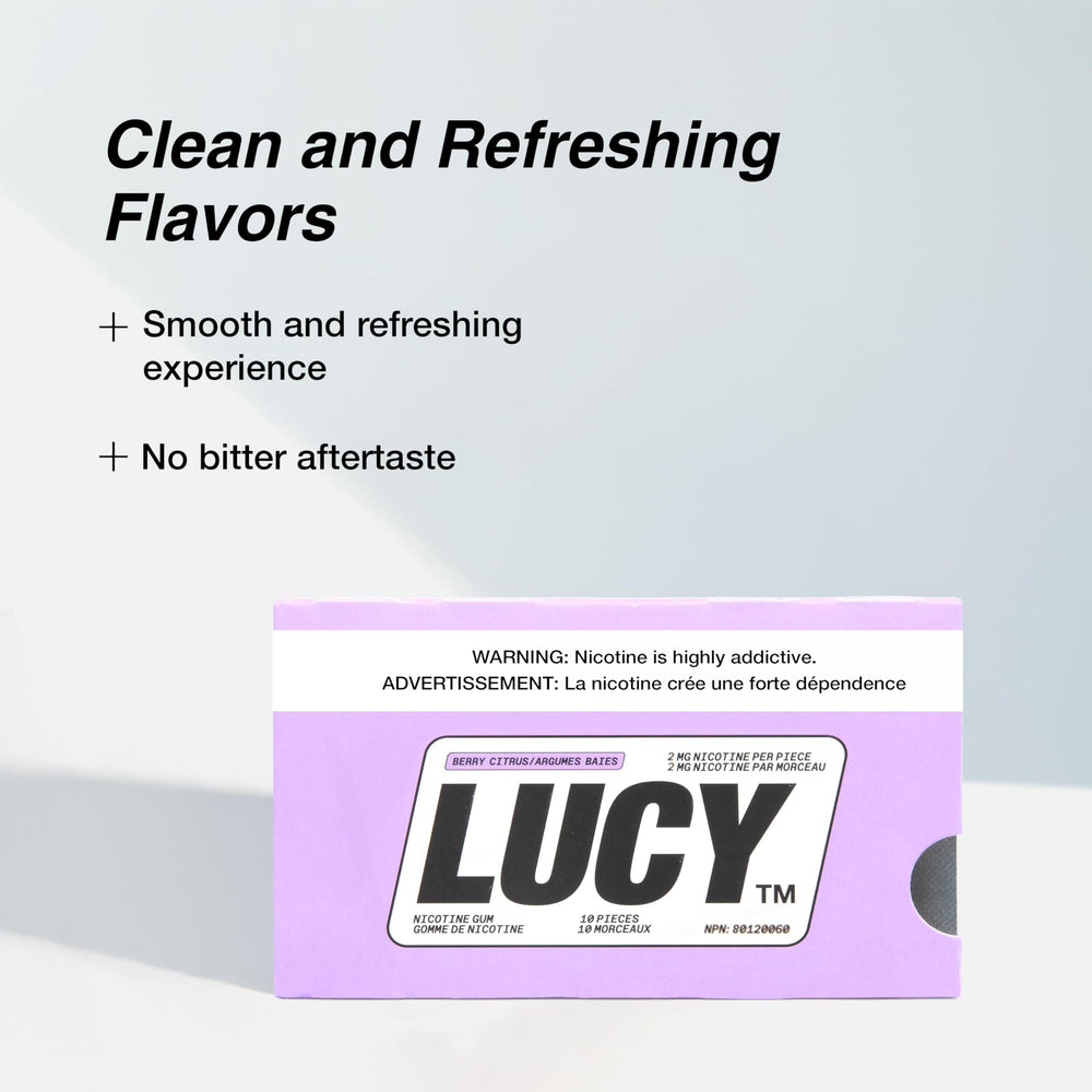 LUCY Nicotine Gum 2mg Berry Citrus gum piece on display for on-the-go use.