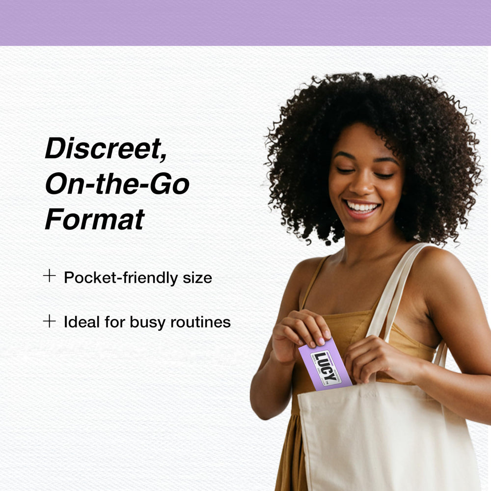 LUCY Nicotine Gum 2mg Berry Citrus on-the-go scene shows portable support.