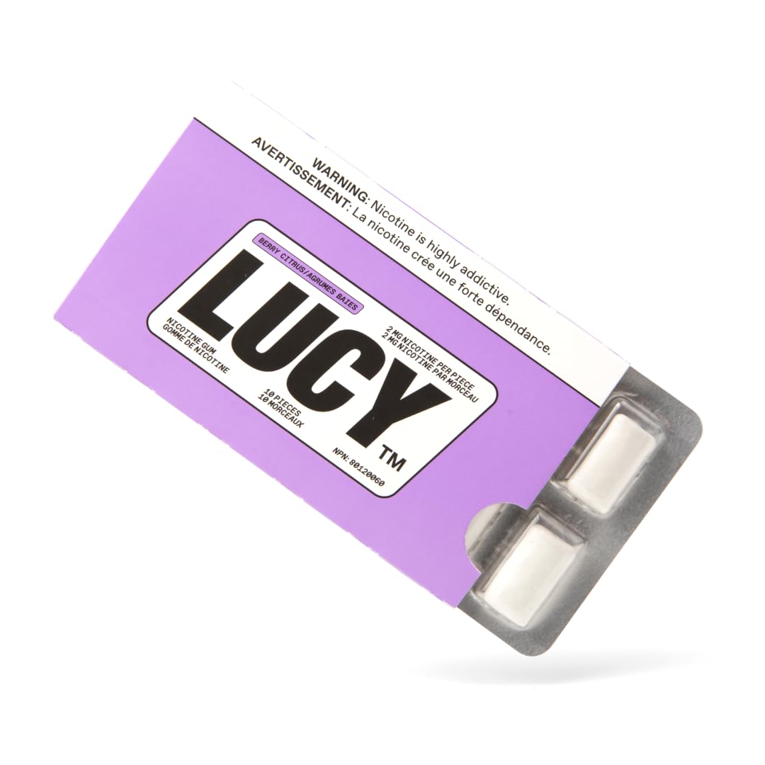 LUCY Nicotine Gum 2mg Berry Citrus pack front shows convenient quit support.
