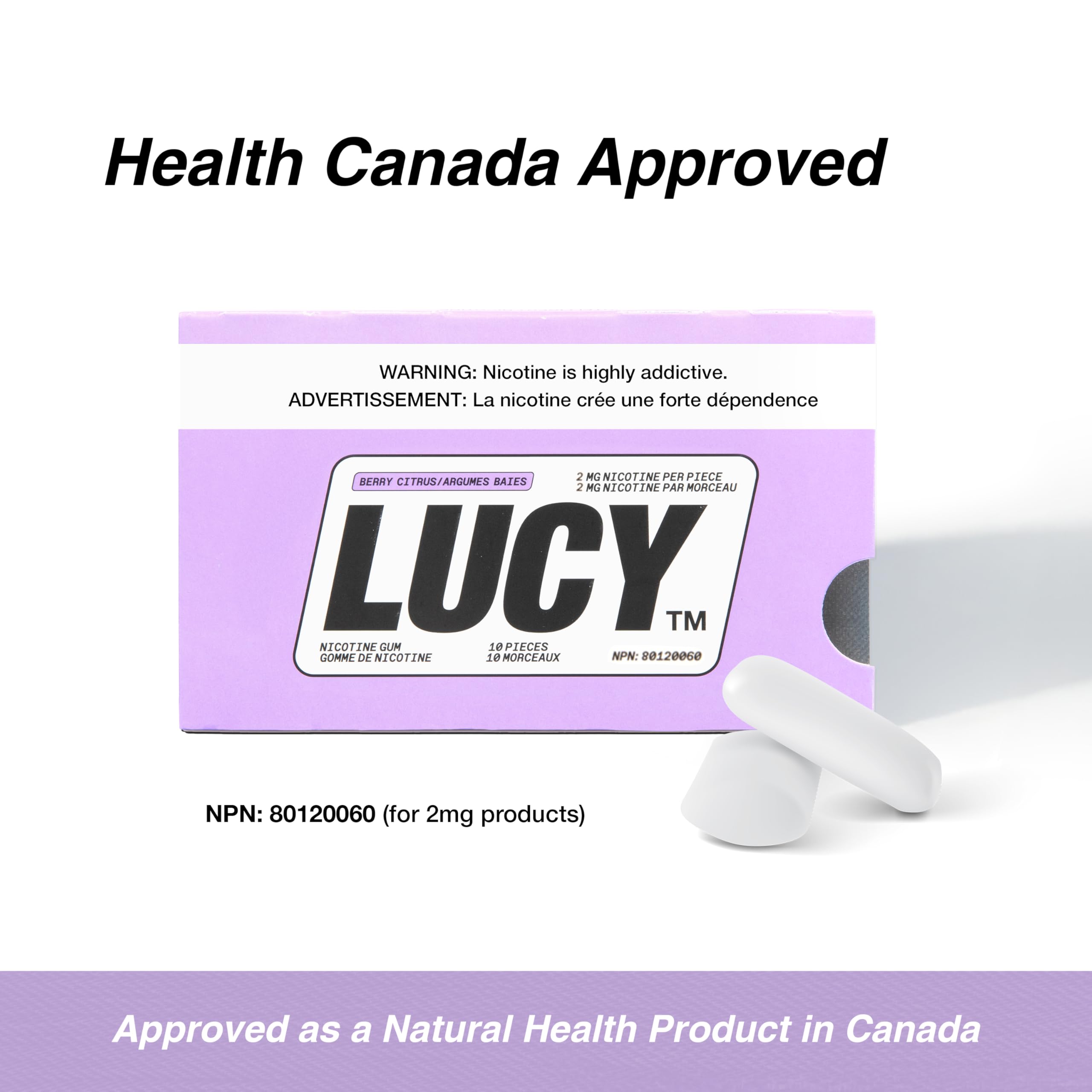 LUCY Nicotine Gum 2mg Berry Citrus packet-open shot highlights easy access.