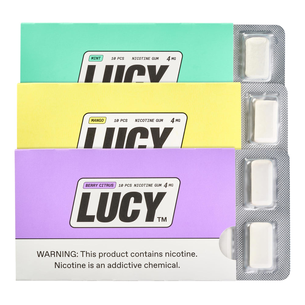 Lucy Nicotine Gum 4mg pack front, compact on-the-go solution for cravings