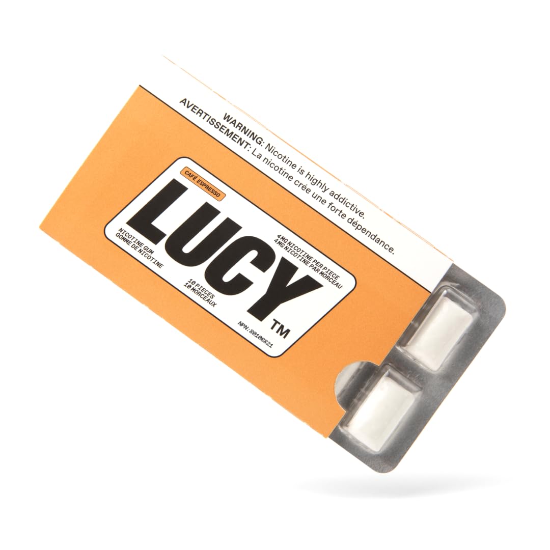 LUCY nicotine gum espresso 4mg packaging on a desk for quick craving relief.
