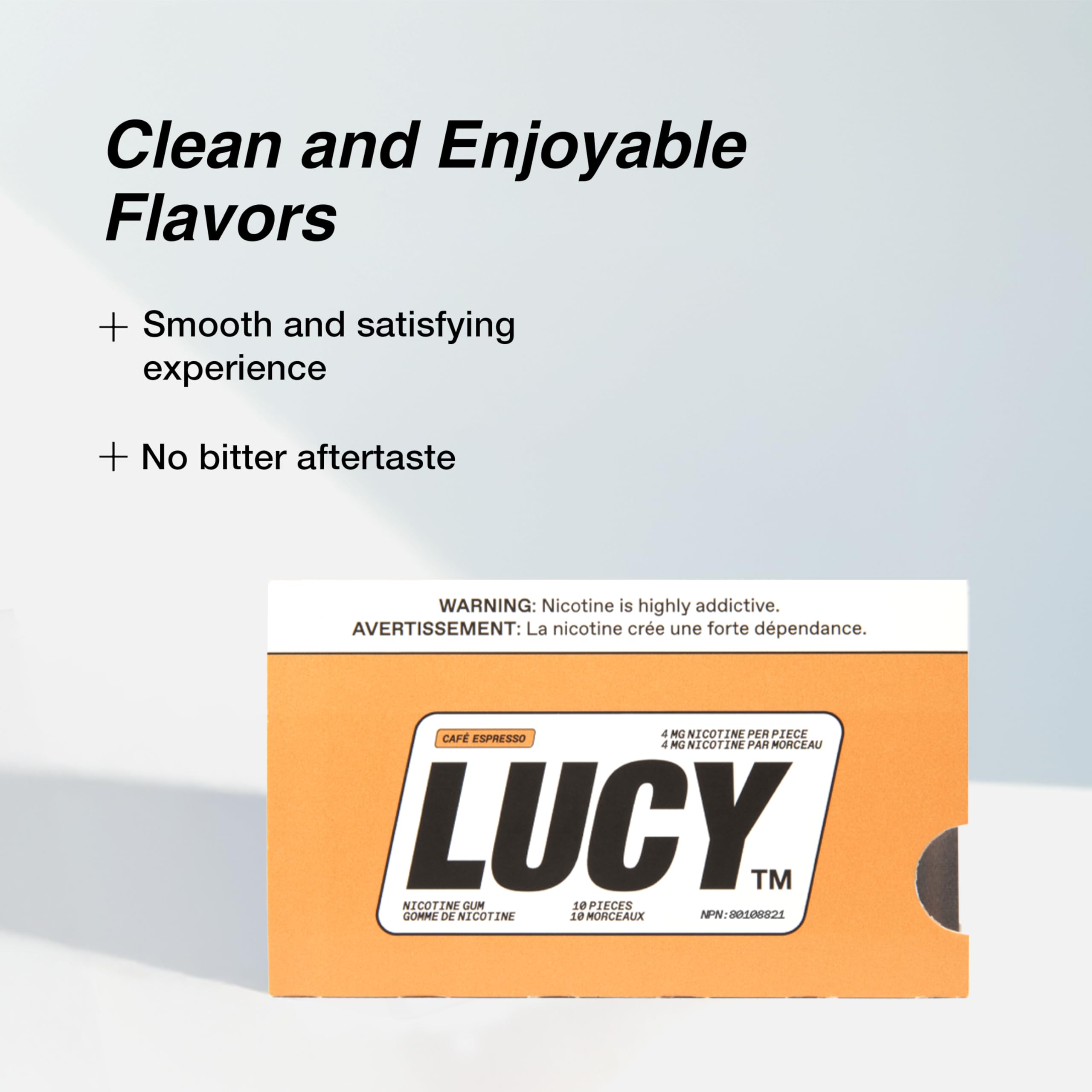 Gum pieces in blister pack of LUCY espresso for on-the-go cravings.