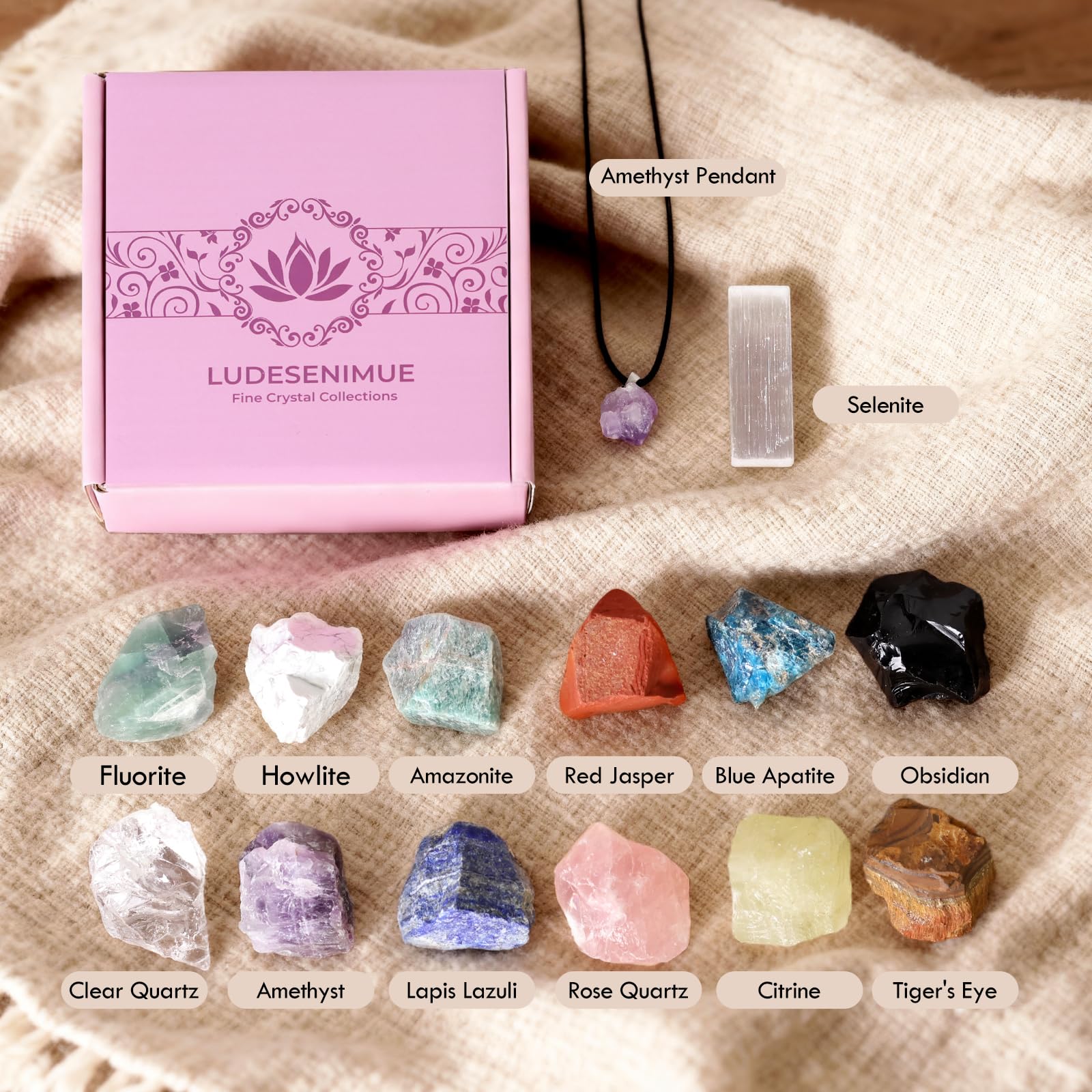 LUDESENIMUE Rose Quartz stones arranged for soothing energy and pocket use
