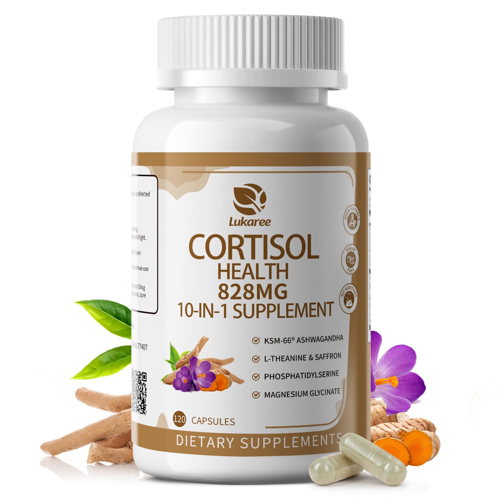 Lukaree 10-in-1 cortisol bottle front showing compact packaging for daily balance.