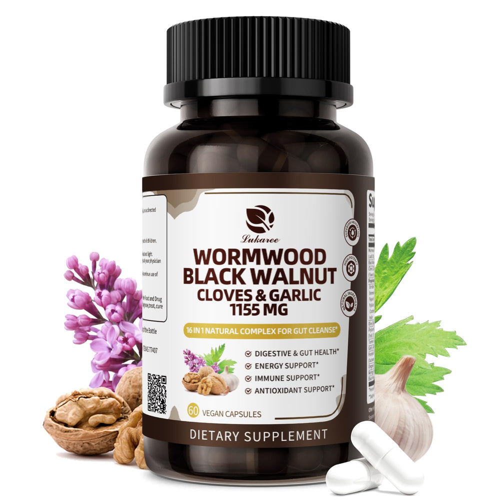 Lukaree 16-in-1 Wormwood bottle closeup highlighting gut cleanse benefits.