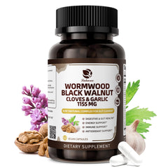 Lukaree 16-in-1 Wormwood bottle closeup highlighting gut cleanse benefits.
