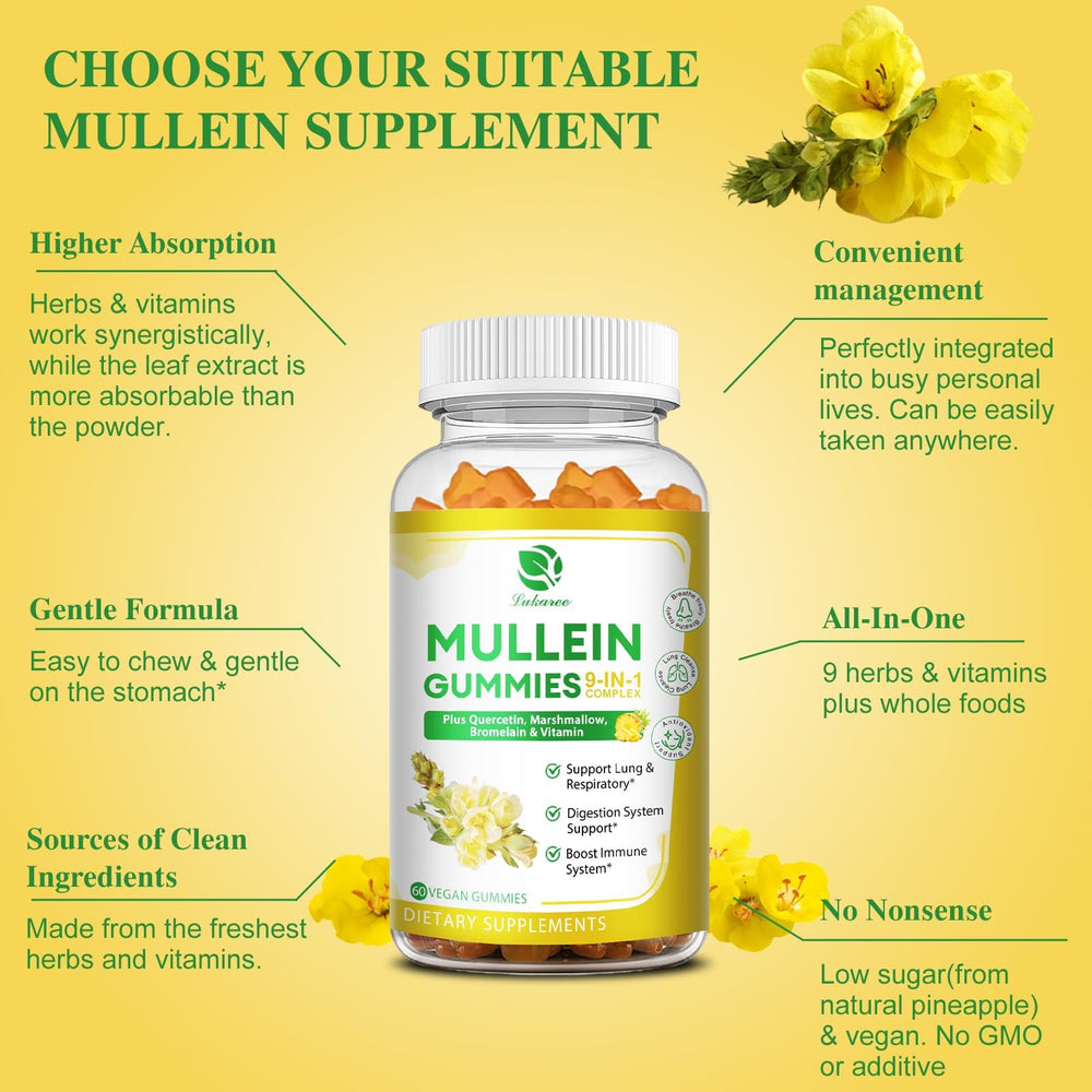 Lukaree 2-pack 9-in-1 Mullein Gummies bottle back label with ingredients.
