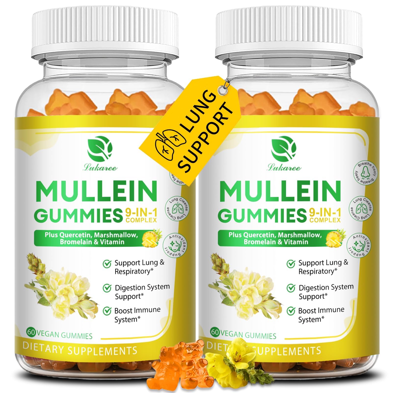 Lukaree 2-pack 9-in-1 Mullein Gummies bottle front for daily respiratory wellness.