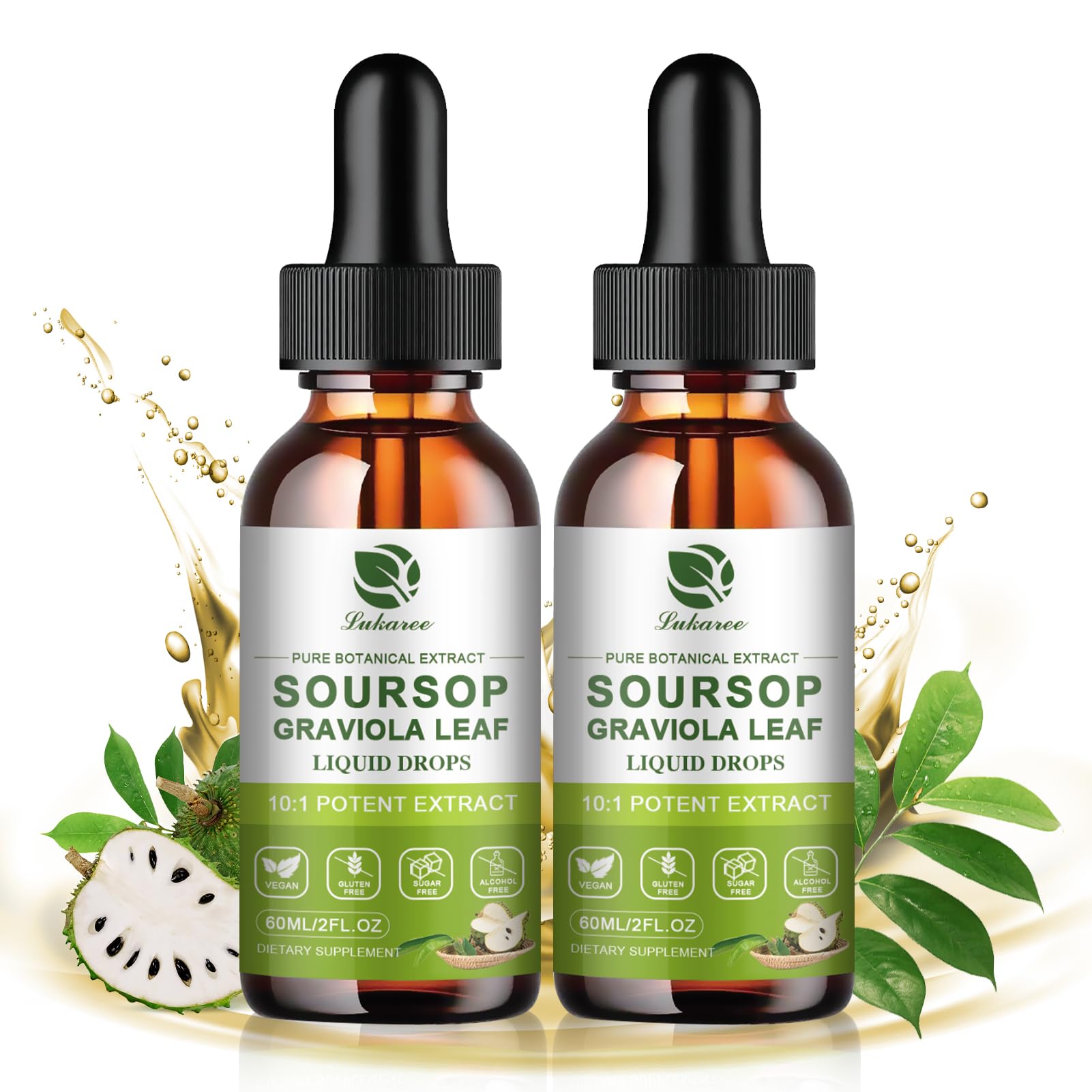 Lukaree Pure Soursop Drops bottle highlights concentrated leaf power for immune support.