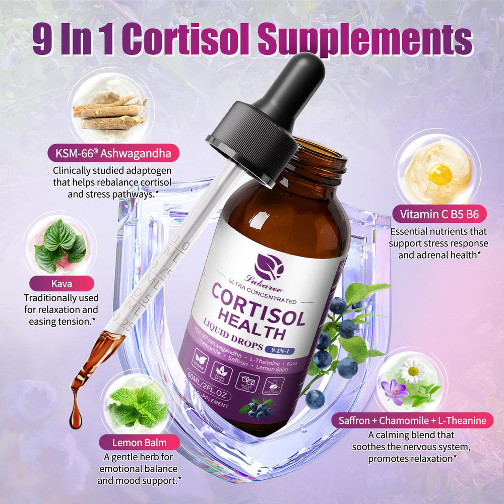 Dropper pouring Lukaree Cortisol Drops for easy use.