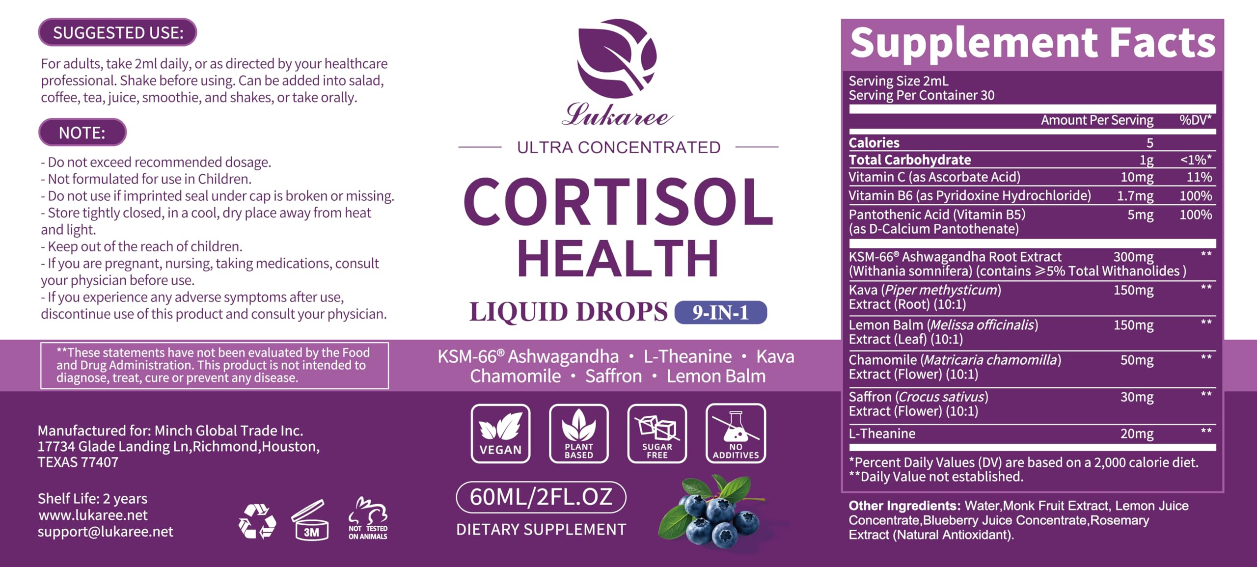 Vegan, sugar-free Lukaree Cortisol Drops in a clean bottle.