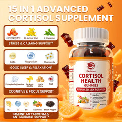 Lukaree Cortisol Gummies close-up on table, orange flavor for daily stress relief.