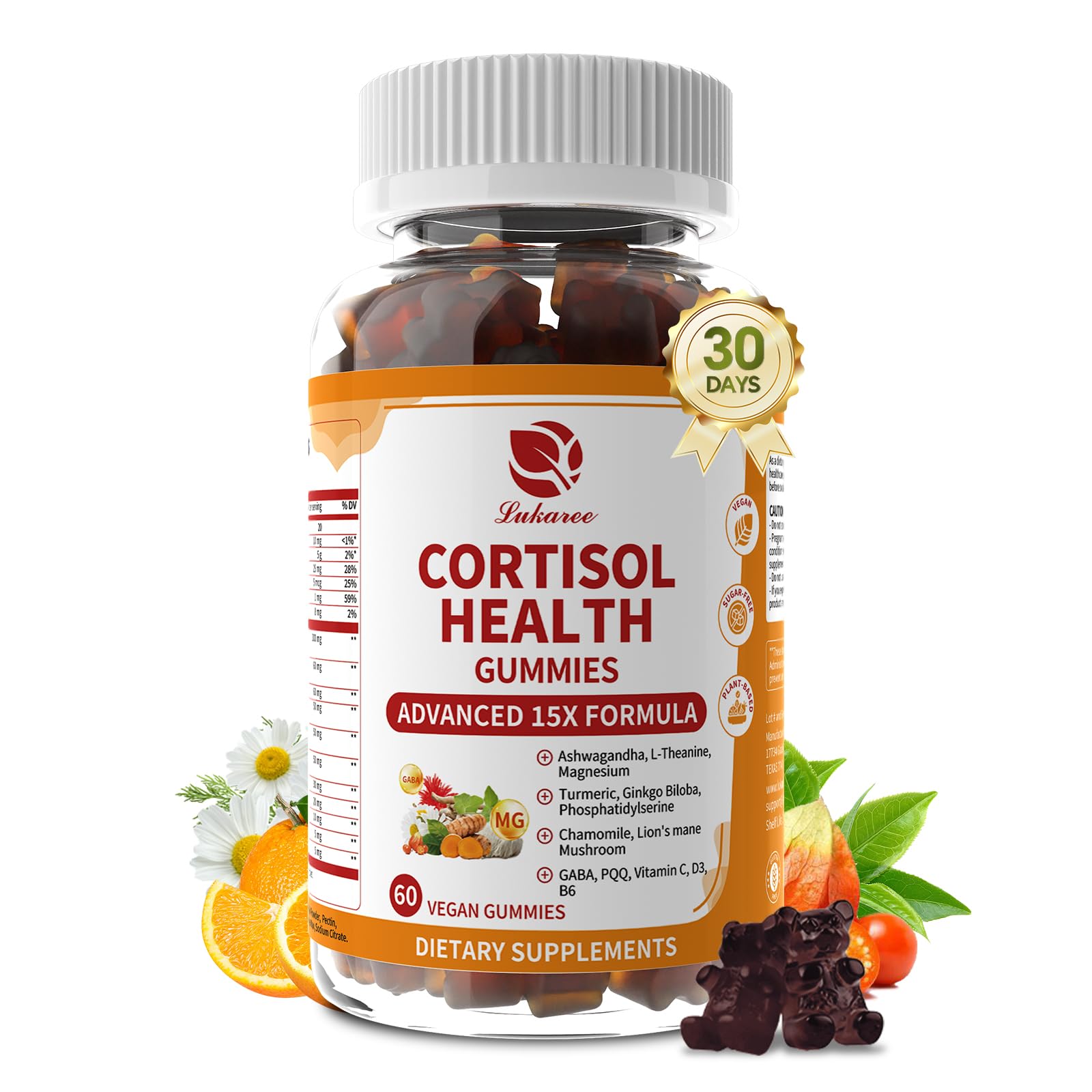 Lukaree Cortisol Supplements bottle on desk, suggesting daily calm support.