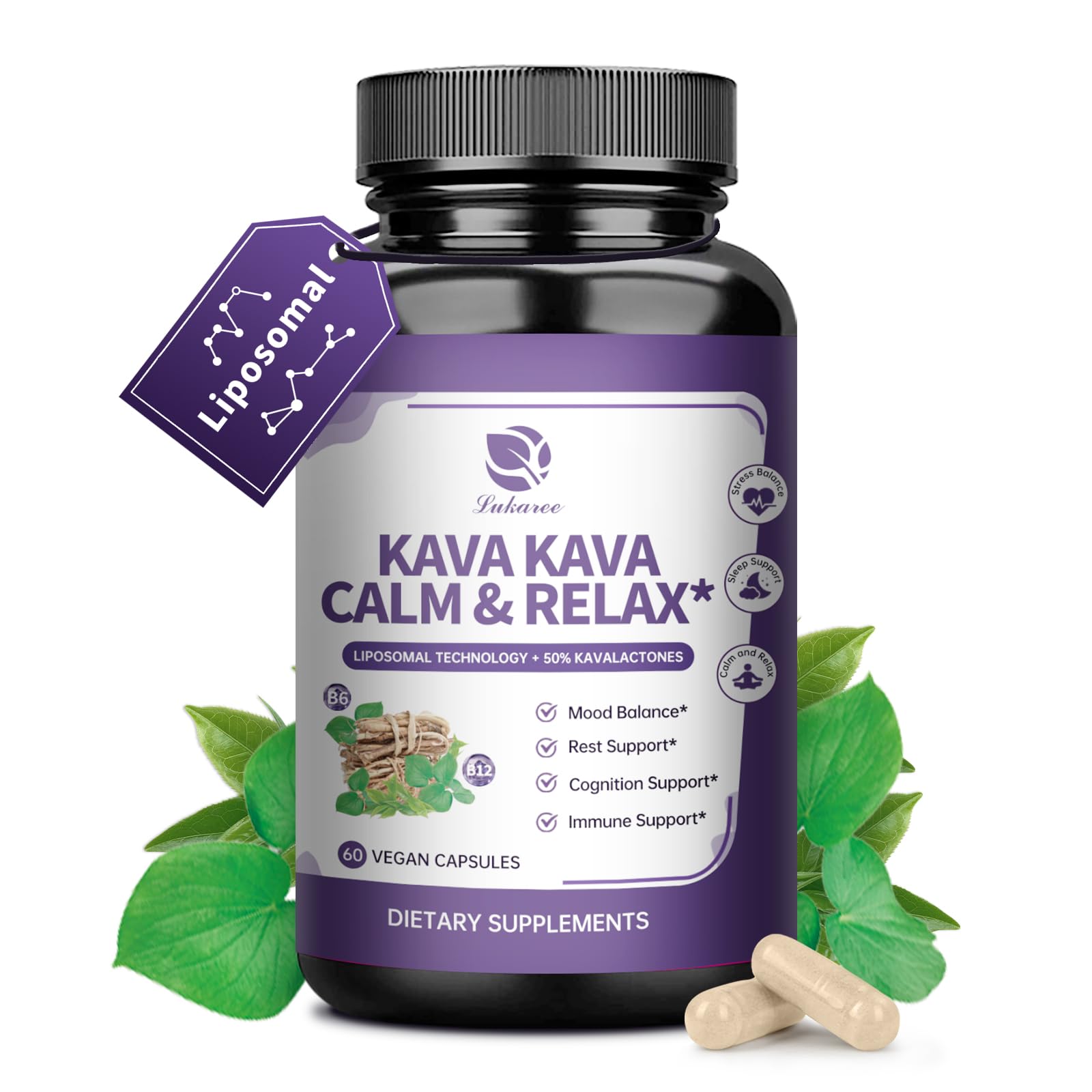 Lukaree Kava Kava root bottle front showing 60 capsules for daily calm