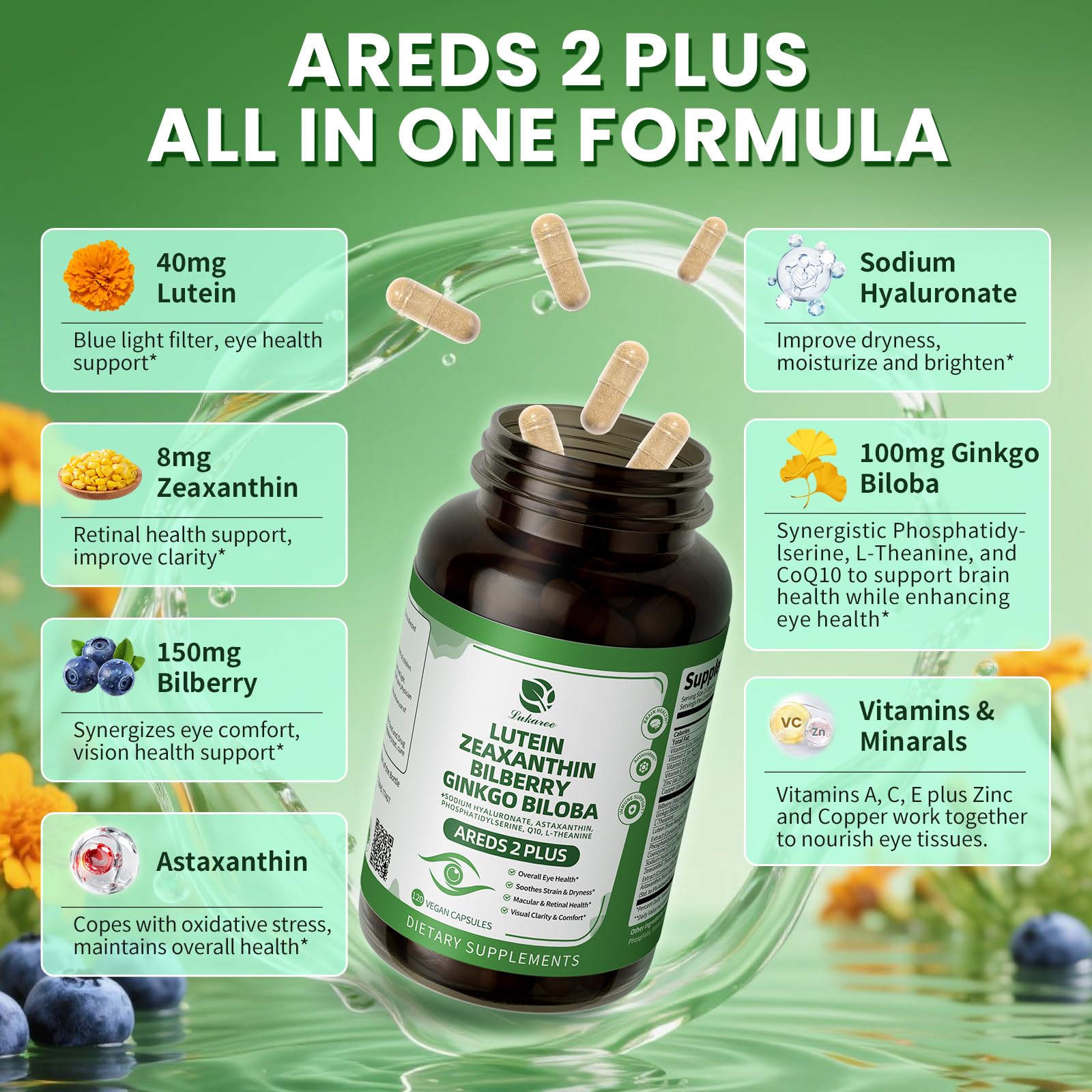 Lukaree lutein and zeaxanthin 40 mg capsules promoting visual comfort.