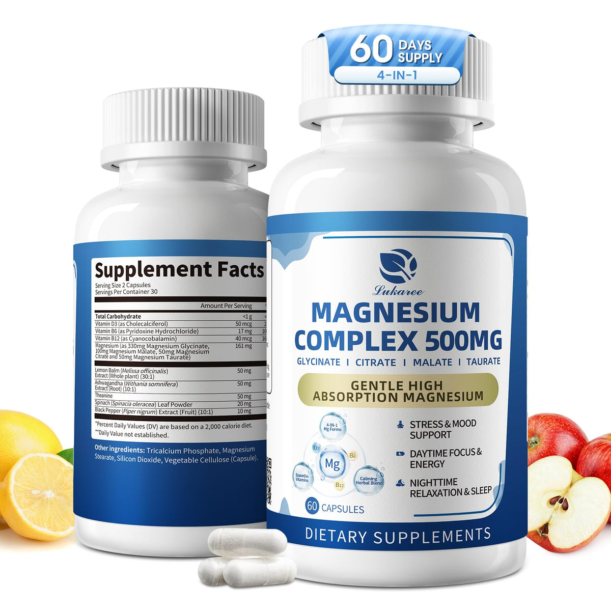 Lukaree 4-in-1 magnesium bottle front for daily relaxation and focus