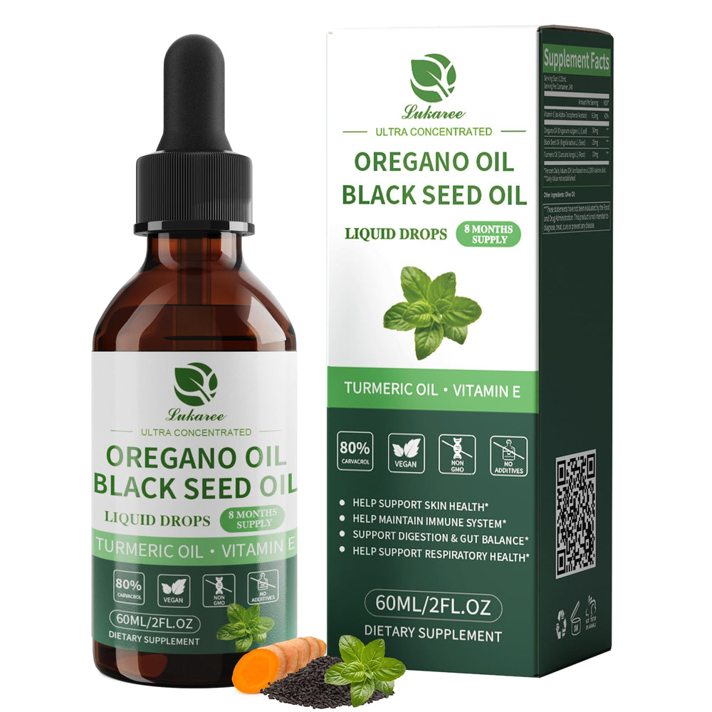 Lukaree Oil of Oregano with Black Seed Oil bottle pour for 4-in-1 daily blend