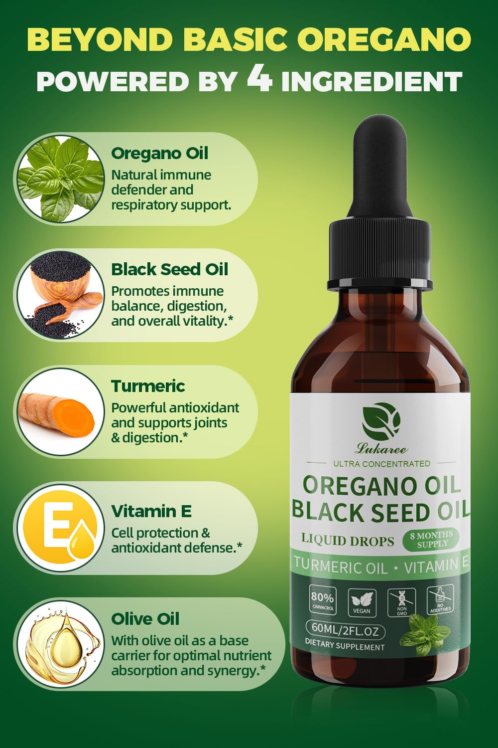 Lukaree oregano oil with 80% carvacrol tincture close-up showing potency