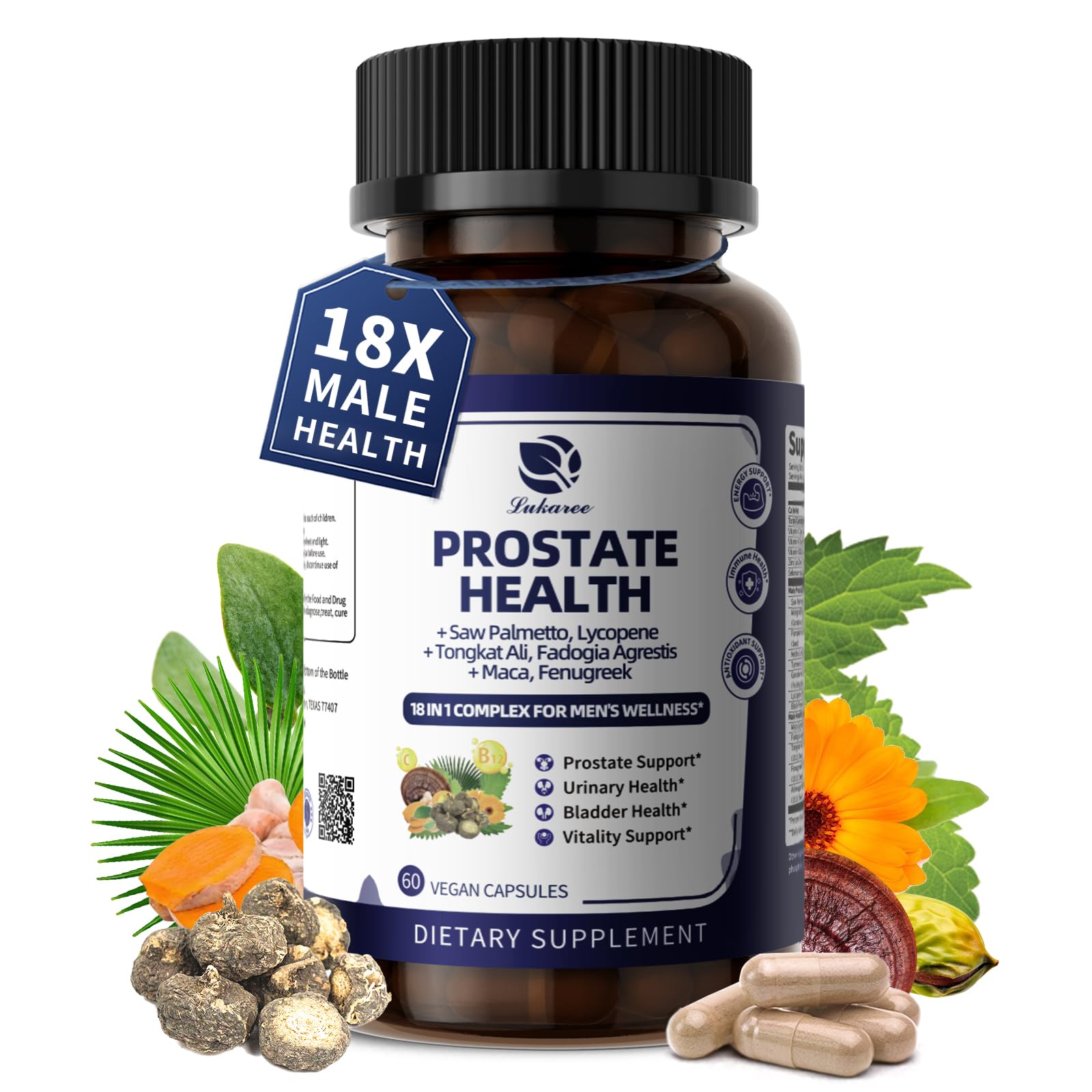 Lukaree Prostate Health bottle front, premium daily support for urinary comfort.
