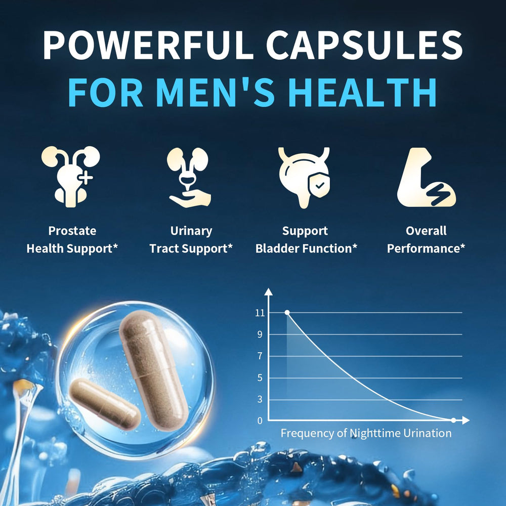 Lukaree Prostate Health capsules close-up showing easy two-capsule daily dose.