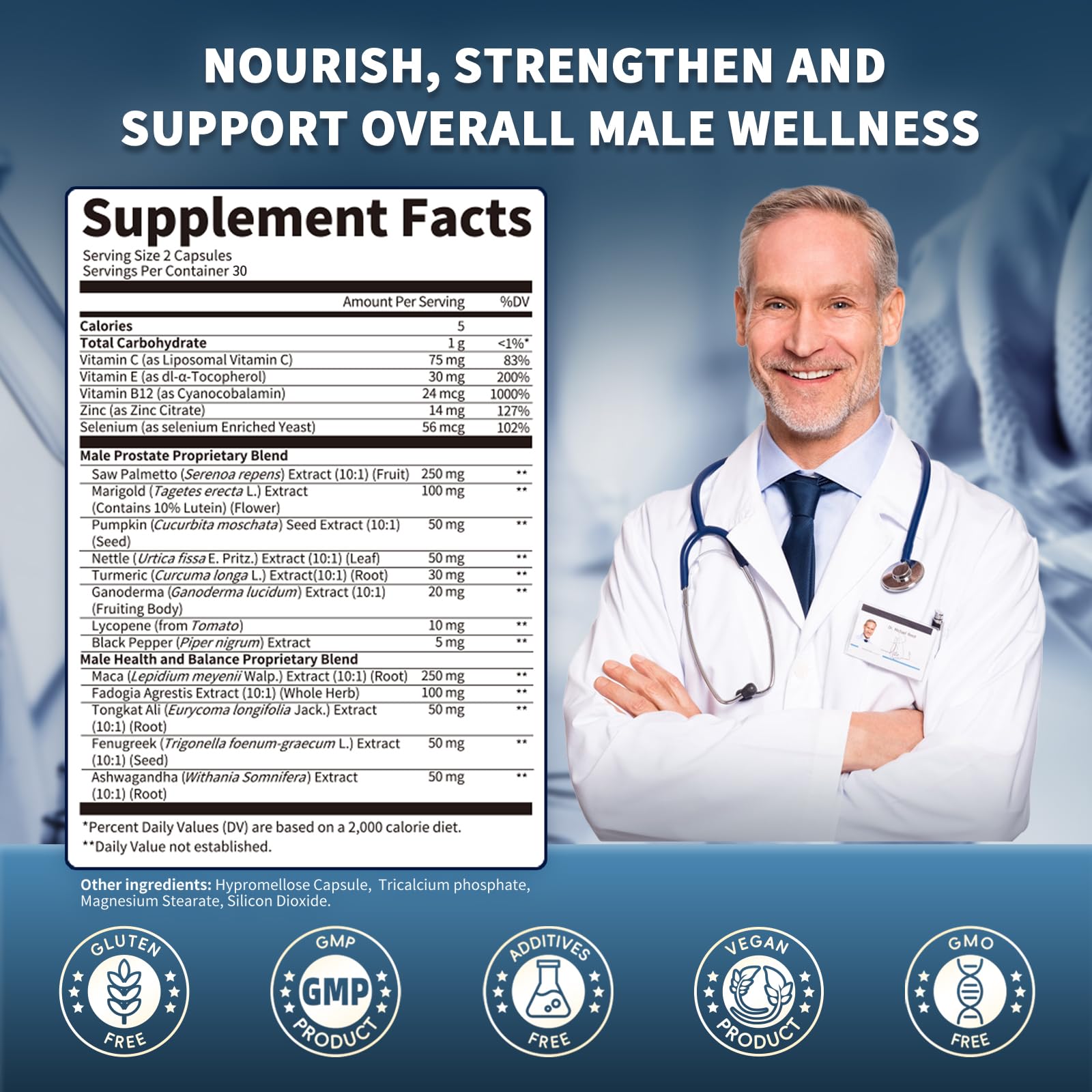Lukaree Prostate Health ingredients lycopene and turmeric for antioxidant support.
