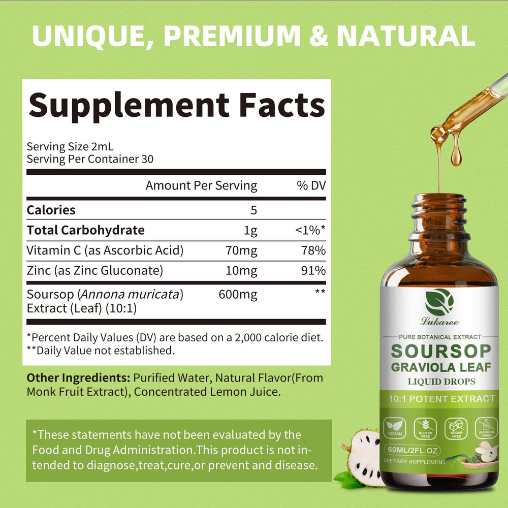 Bottle with Lukaree soursop leaves extract vegan non-GMO label