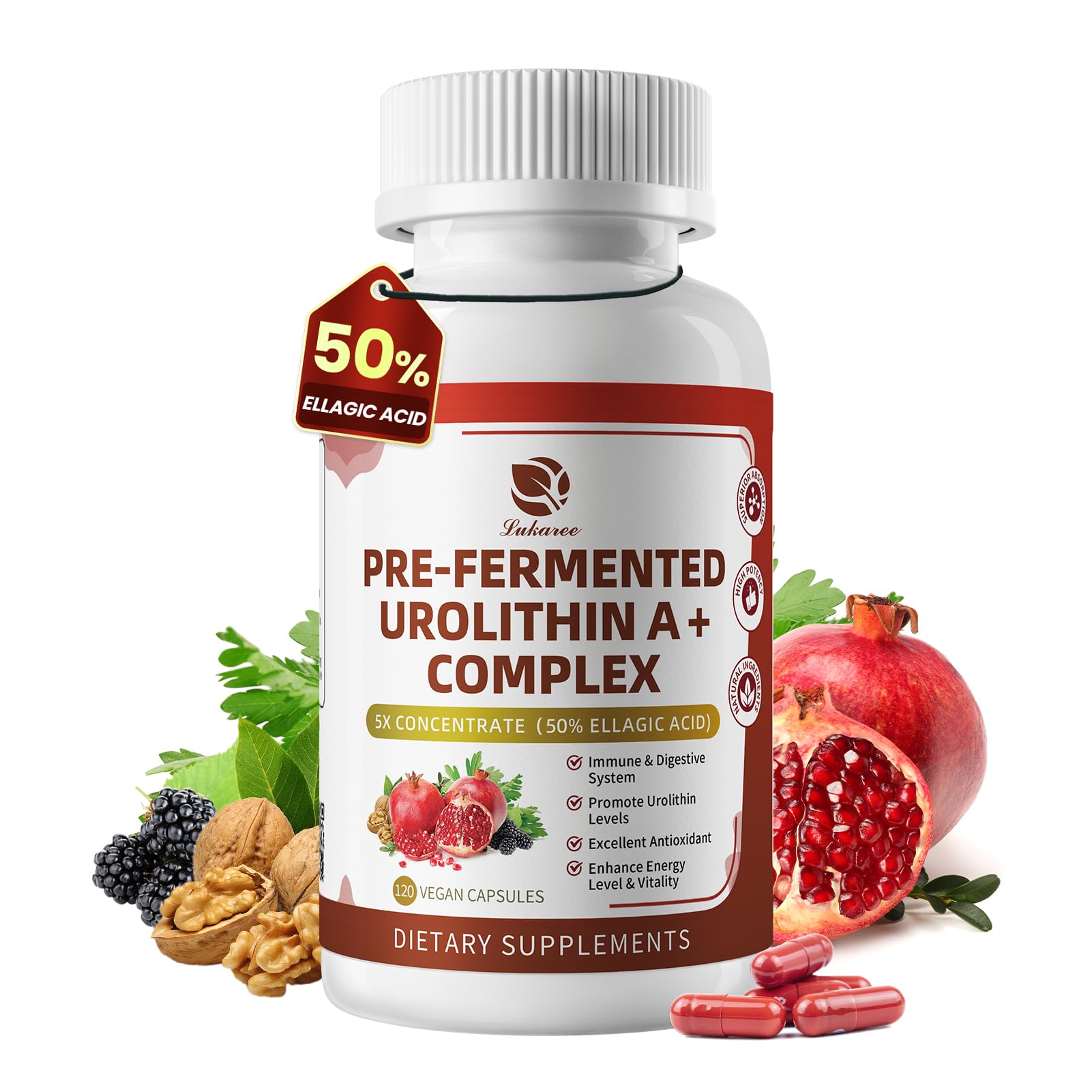 Lukaree triple-strength Urolithin A bottle promotes cellular support with plant-based formula