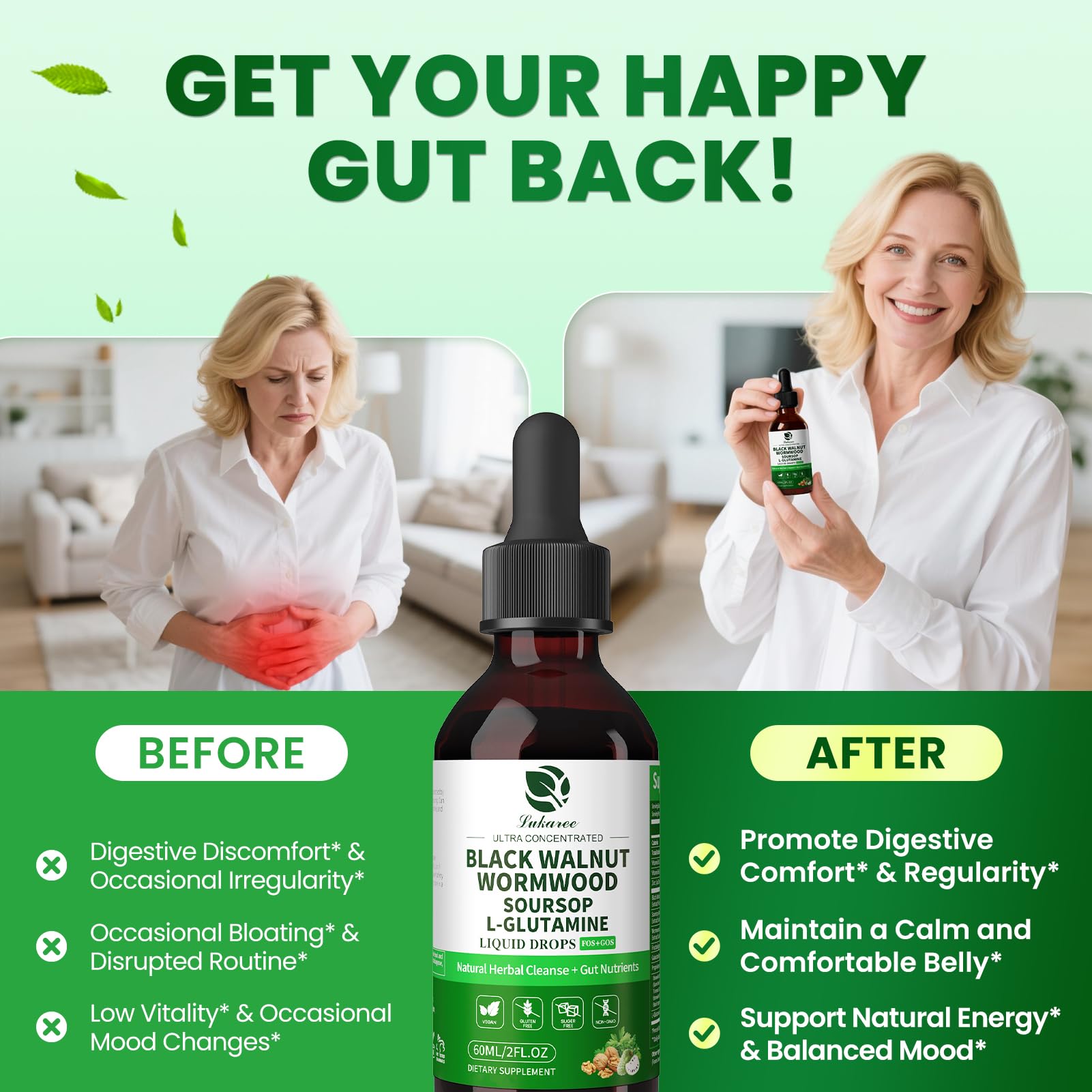 Lukaree bottle featuring turmeric imagery for digestion-friendly formulation