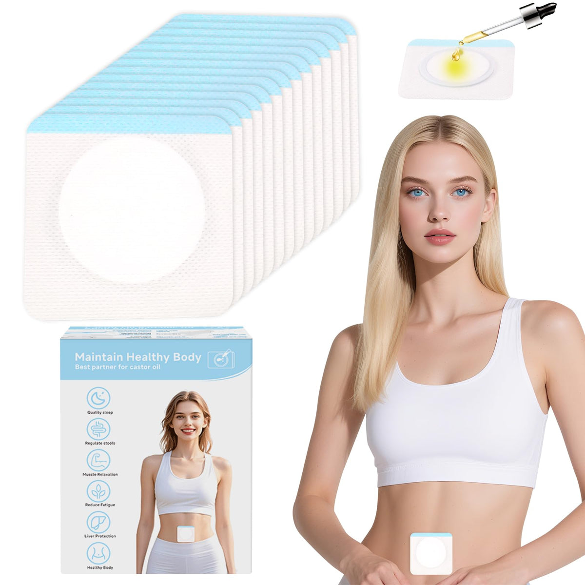 LukToMao castor oil patch applied to the navel for hands-free targeted care