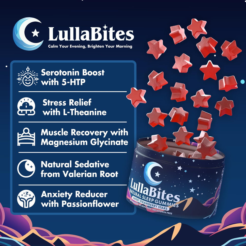 Open bottle of LullaBites with 60 gummies ready for evening ritual.