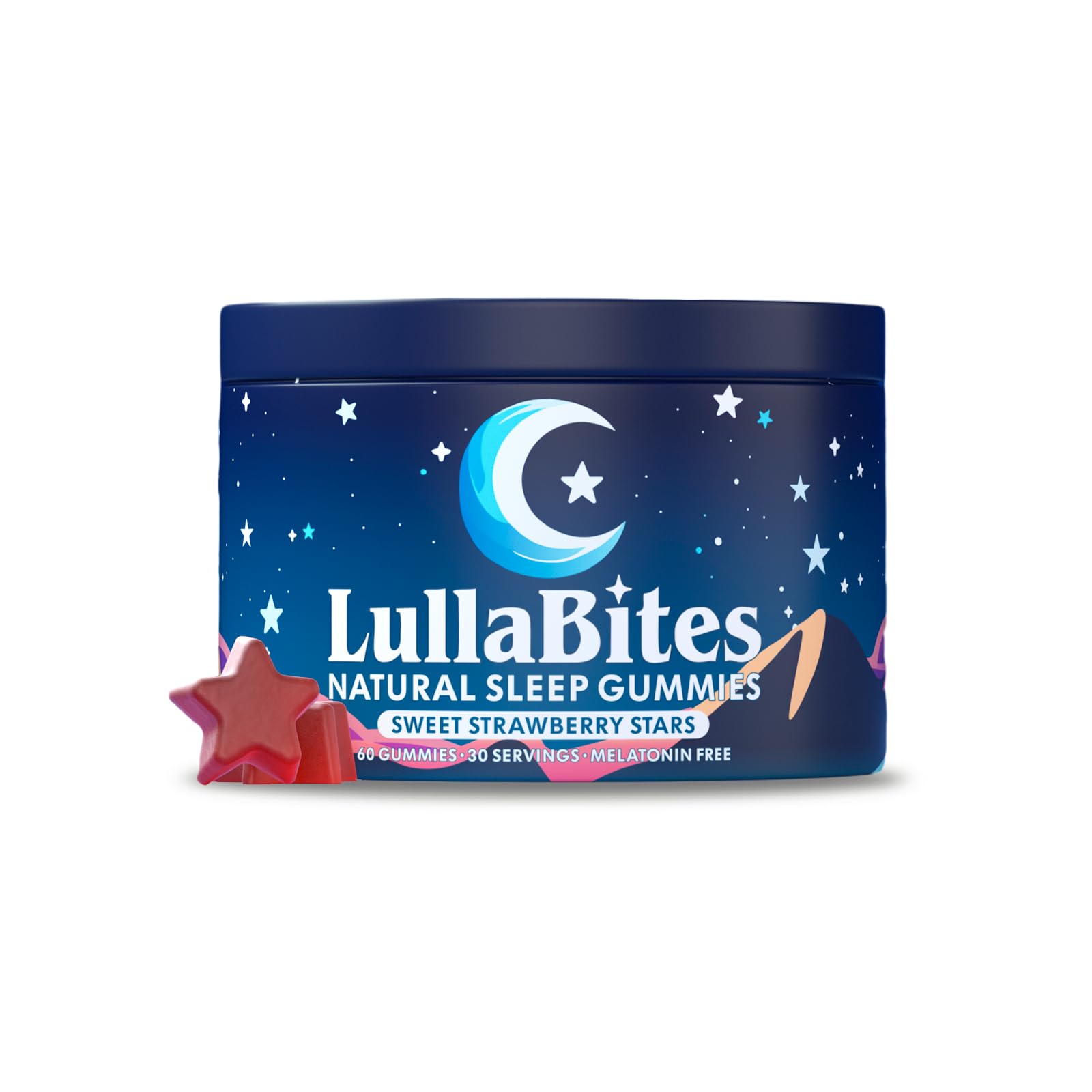 LullaBites sleep gummies packaging highlighting vegan, halal, gluten-free credentials for bedtime support.