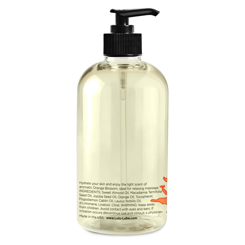 Lulu Lube orange blossom 16oz pump bottle ready for routine massage.